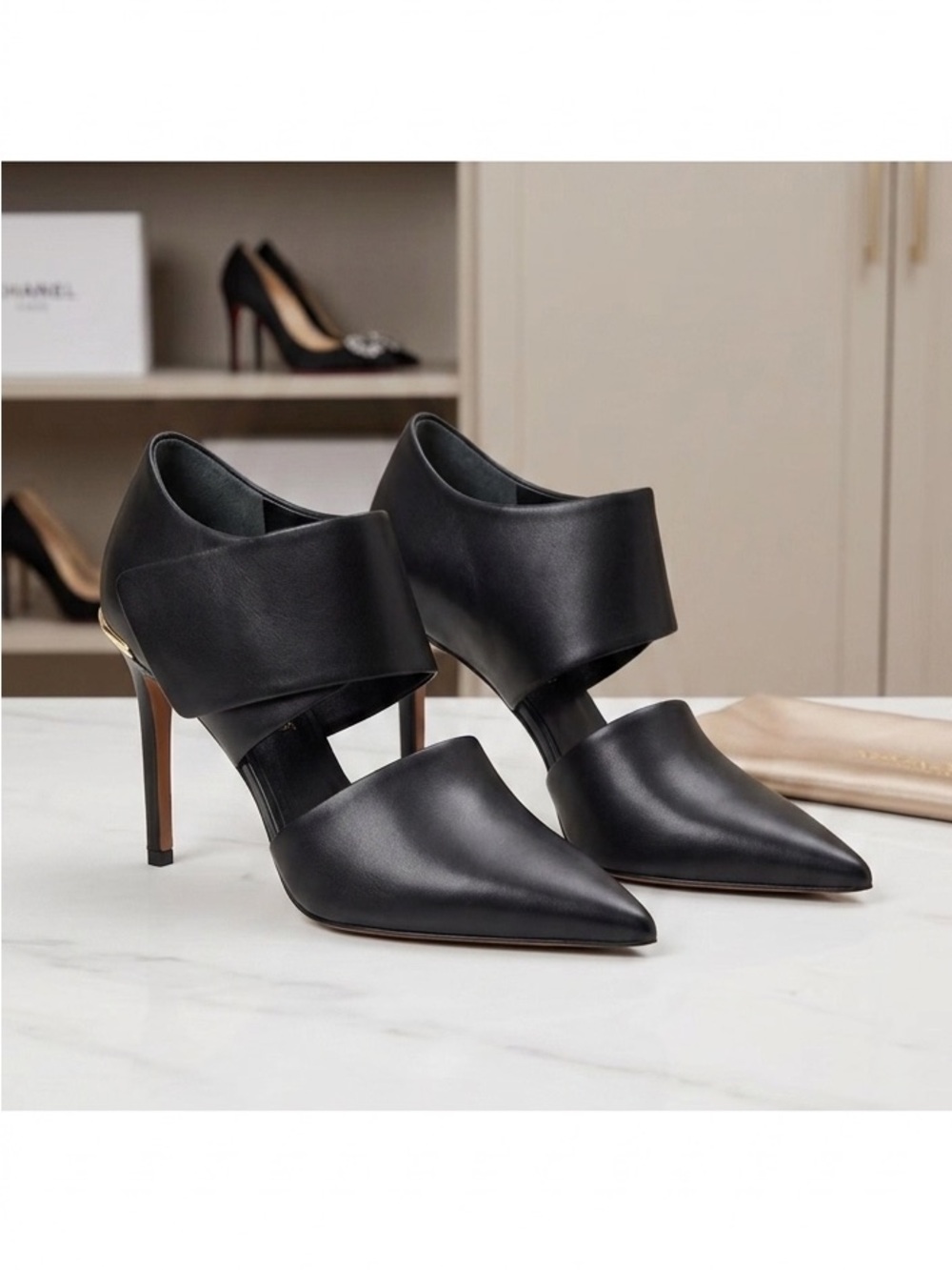 Vince Black Pointed Leather High-Heel Mules Size 9.5